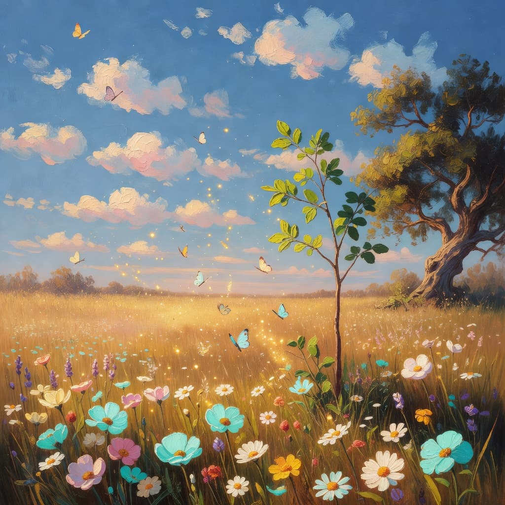 Impressionist oil painting representing filhos with golden light and celestial sky