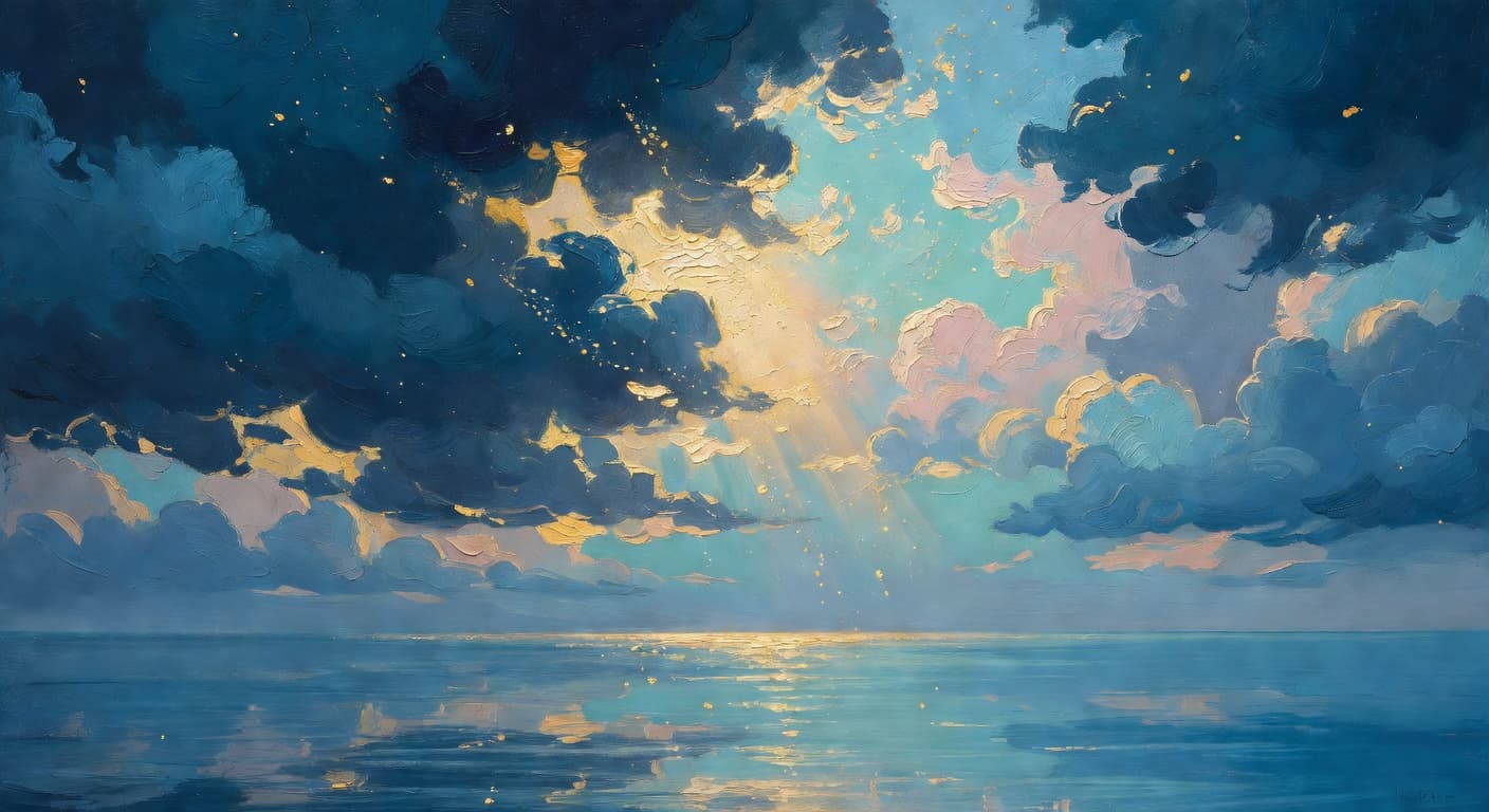 Impressionist oil painting representing lidar com a perda with golden light and celestial sky