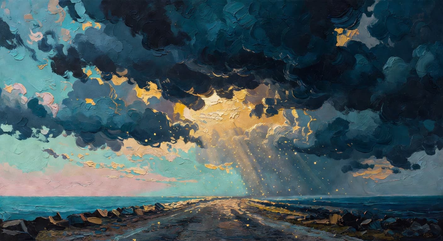 Impressionist oil painting representing días difíciles with golden light and celestial sky