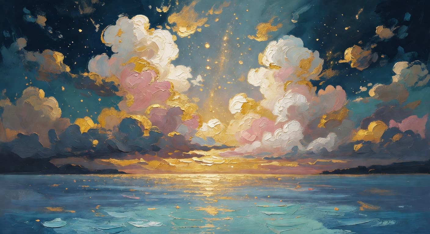 Impressionist oil painting representing eternal life with golden light and celestial sky