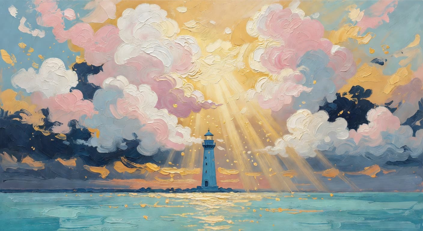 Impressionist oil painting representing faithfulness with golden light and celestial sky