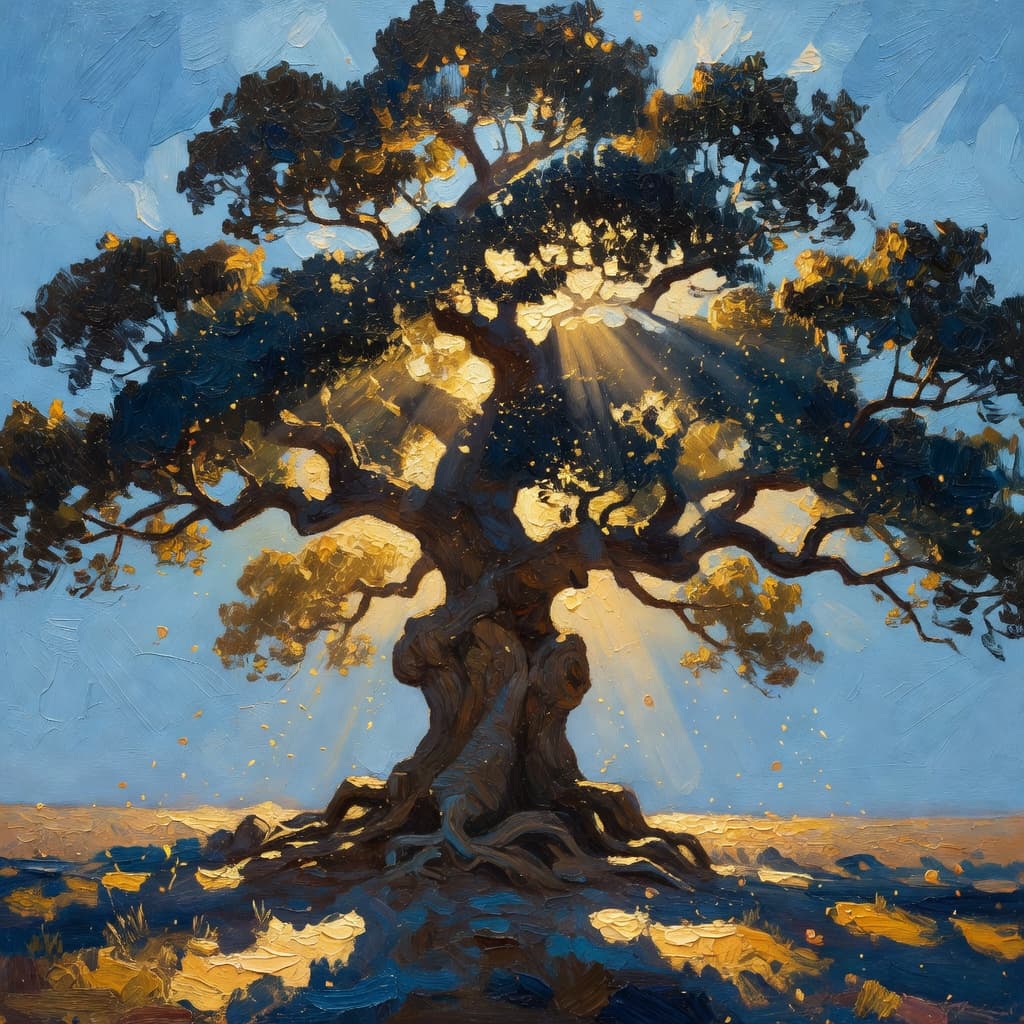 Impressionist oil painting representing fathers with golden light and celestial sky