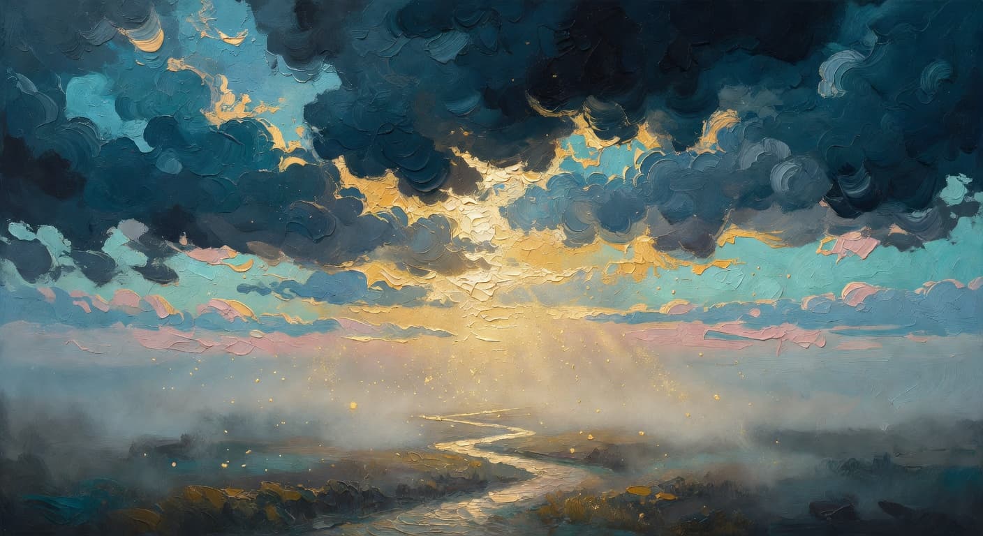 Impressionist oil painting representing feeling lost with golden light and celestial sky