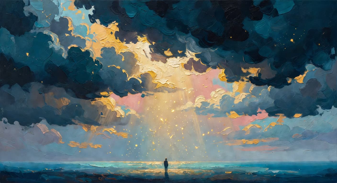 Impressionist oil painting representing sentirse indigno with golden light and celestial sky