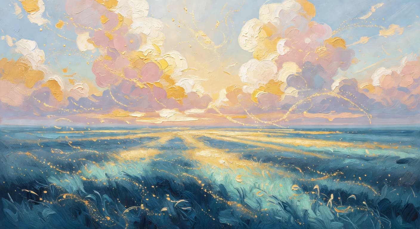 Impressionist oil painting representing liberdade with golden light and celestial sky