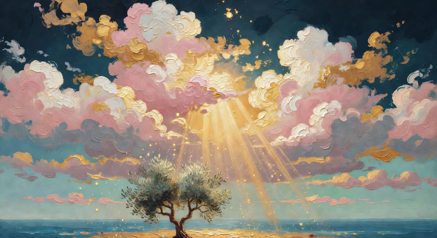 Impressionist oil painting representing el amor de dios with golden light and celestial sky
