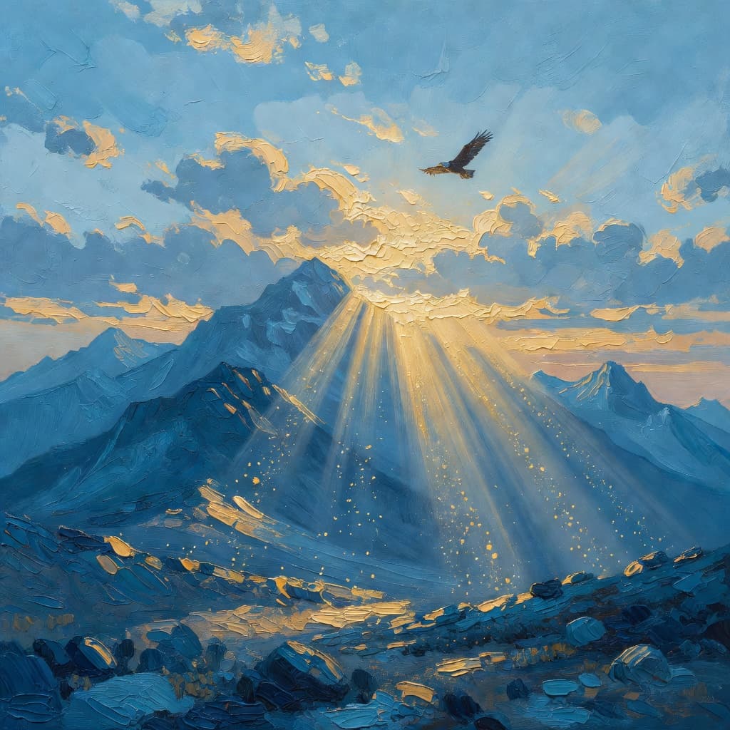 Impressionist oil painting representing homens with golden light and celestial sky