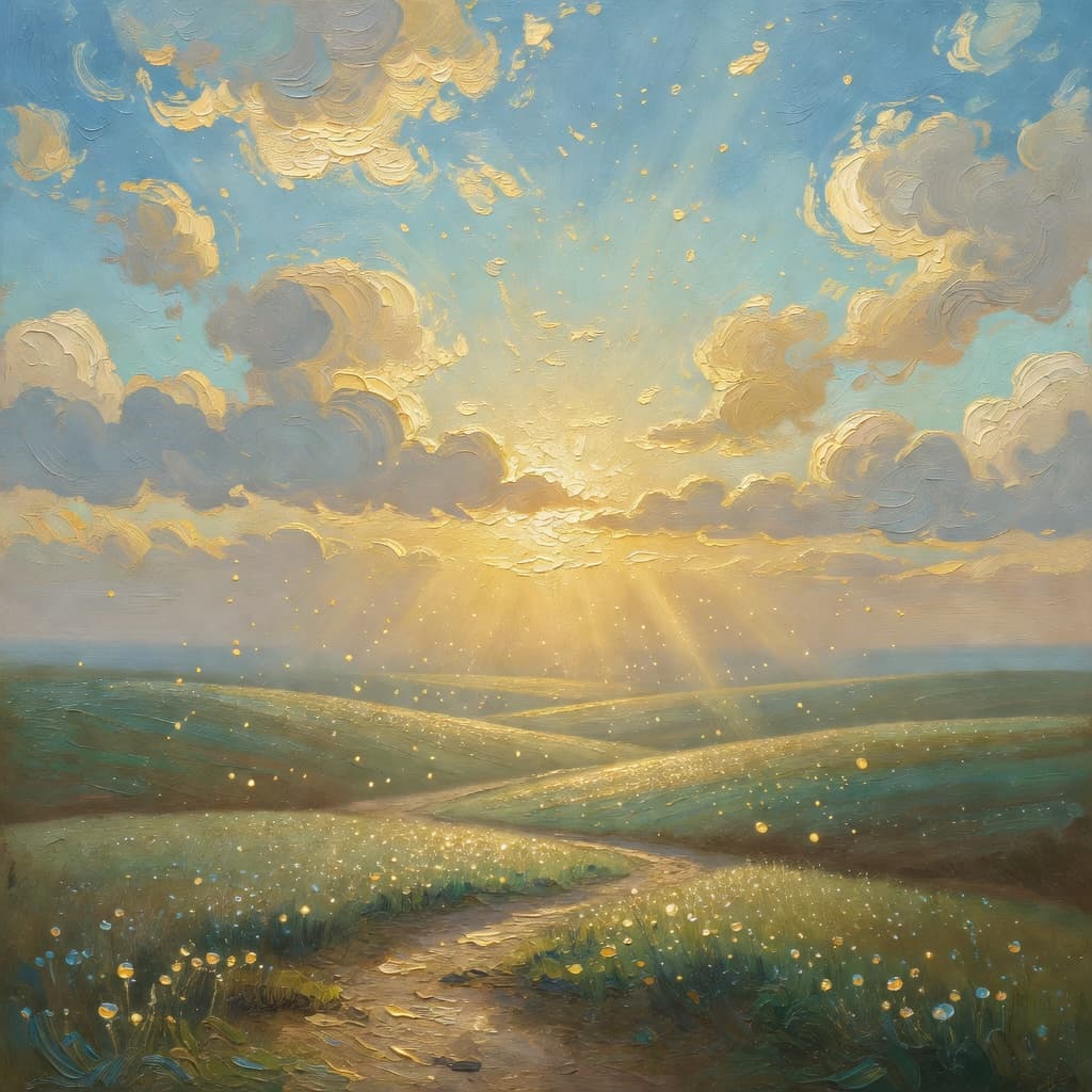 Impressionist oil painting representing new beginnings with golden light and celestial sky