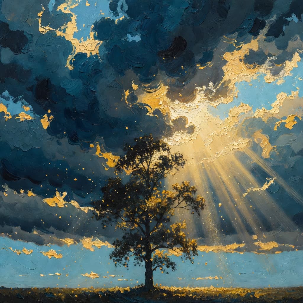 Impressionist oil painting representing vencer o medo with golden light and celestial sky