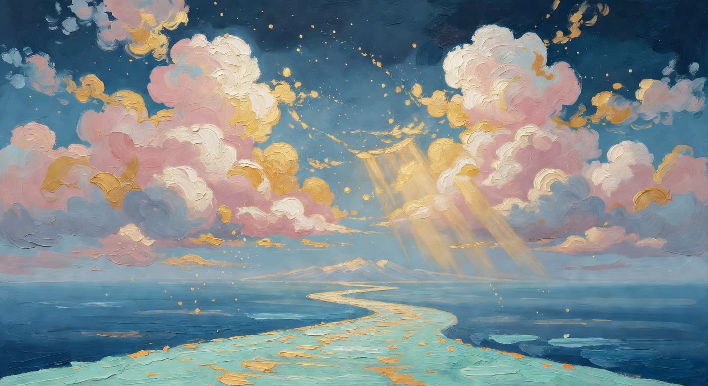 Impressionist oil painting representing perseverance with golden light and celestial sky