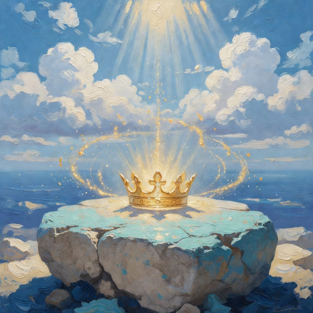 Impressionist oil painting representing valor próprio with golden light and celestial sky