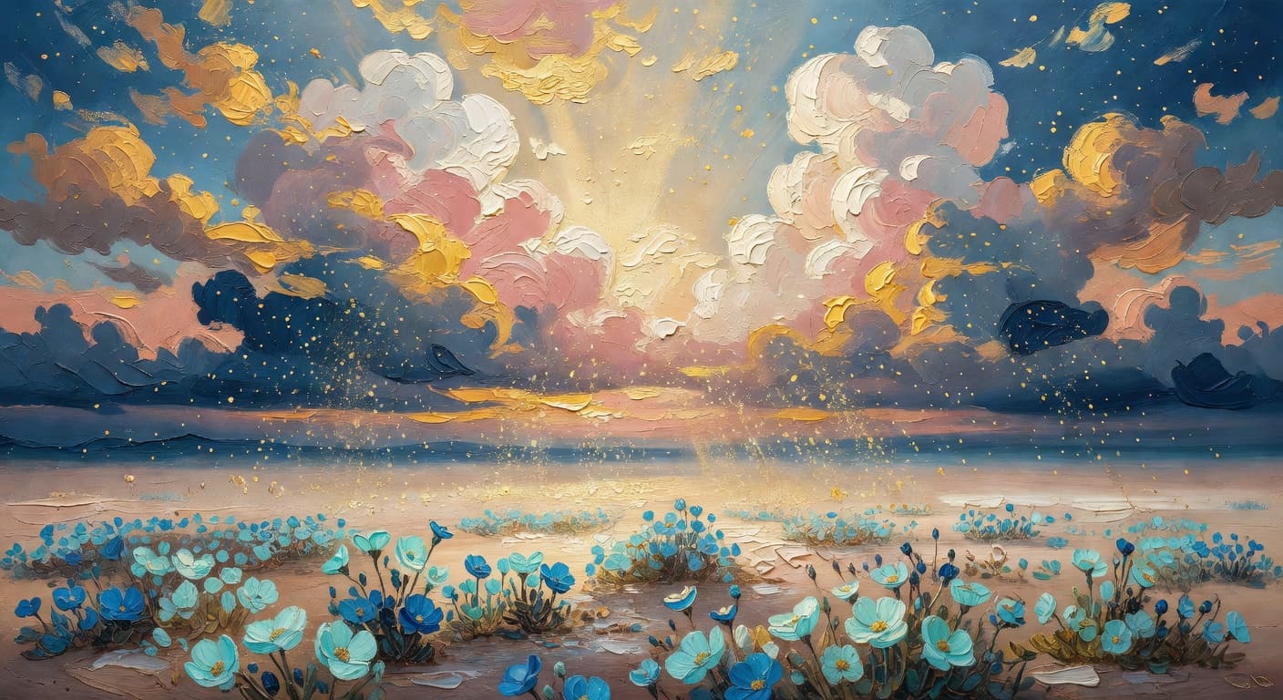 Impressionist oil painting representing transformación with golden light and celestial sky