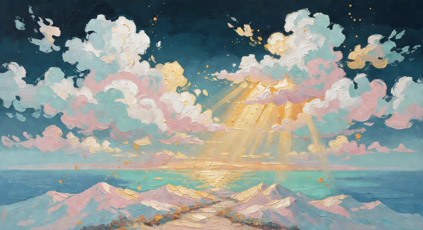 Impressionist oil painting representing confiar en el plan de dios with golden light and celestial sky