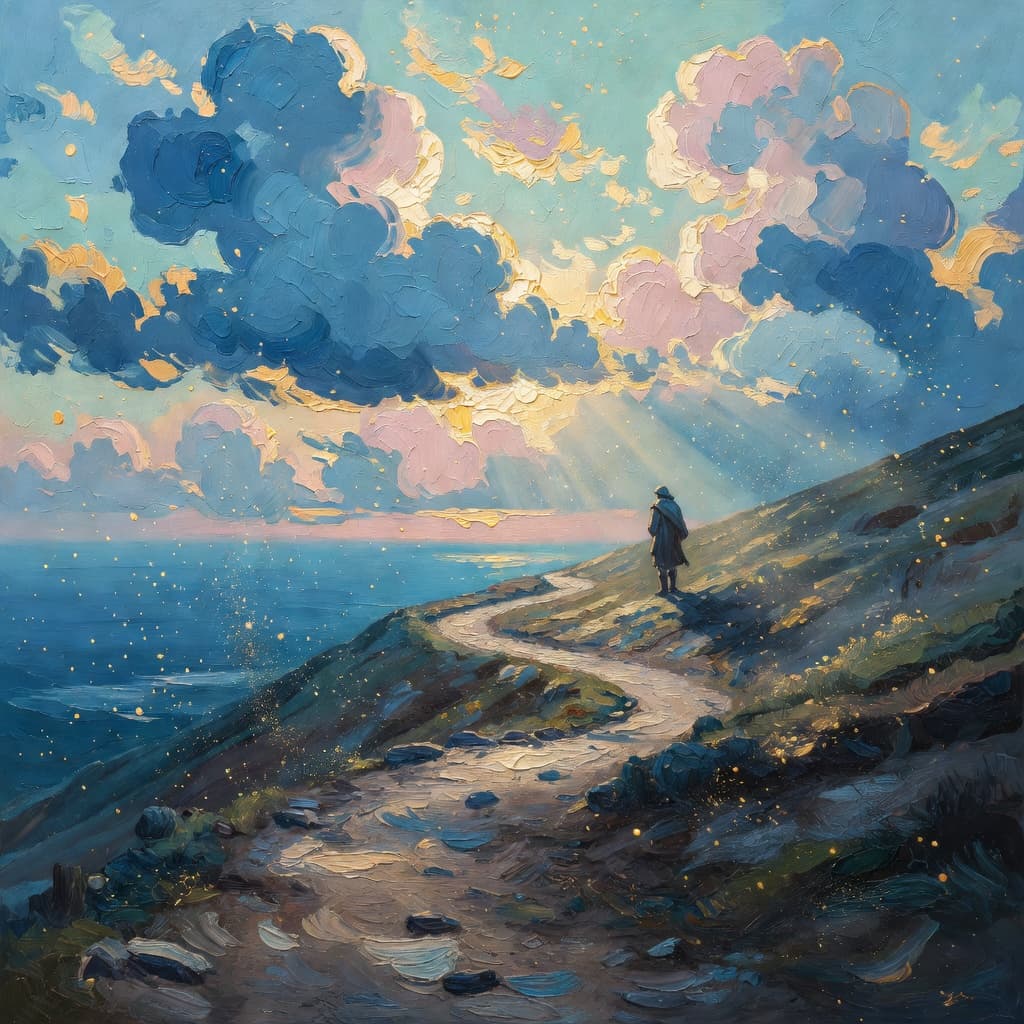 Impressionist oil painting of a difficult climb turning hopeful with golden light and sacred clouds