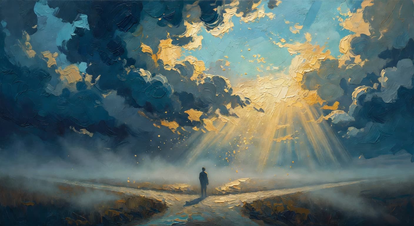 Pintura impressionista a óleo de um céu dramático com nuvens escuras se abrindo para revelar luz dourada divina
