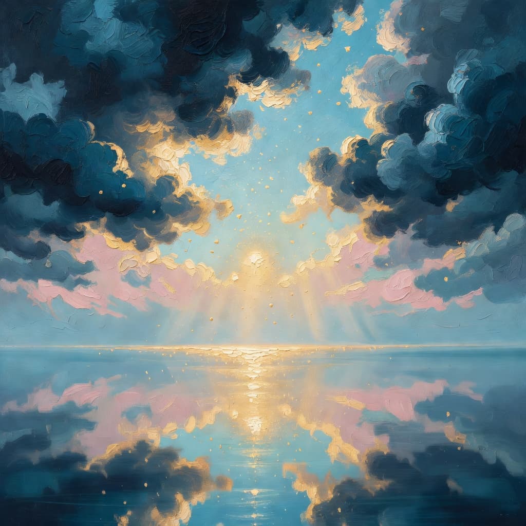 Impressionist oil painting of dramatic sky breaking from dark clouds to golden light, Sacred palette