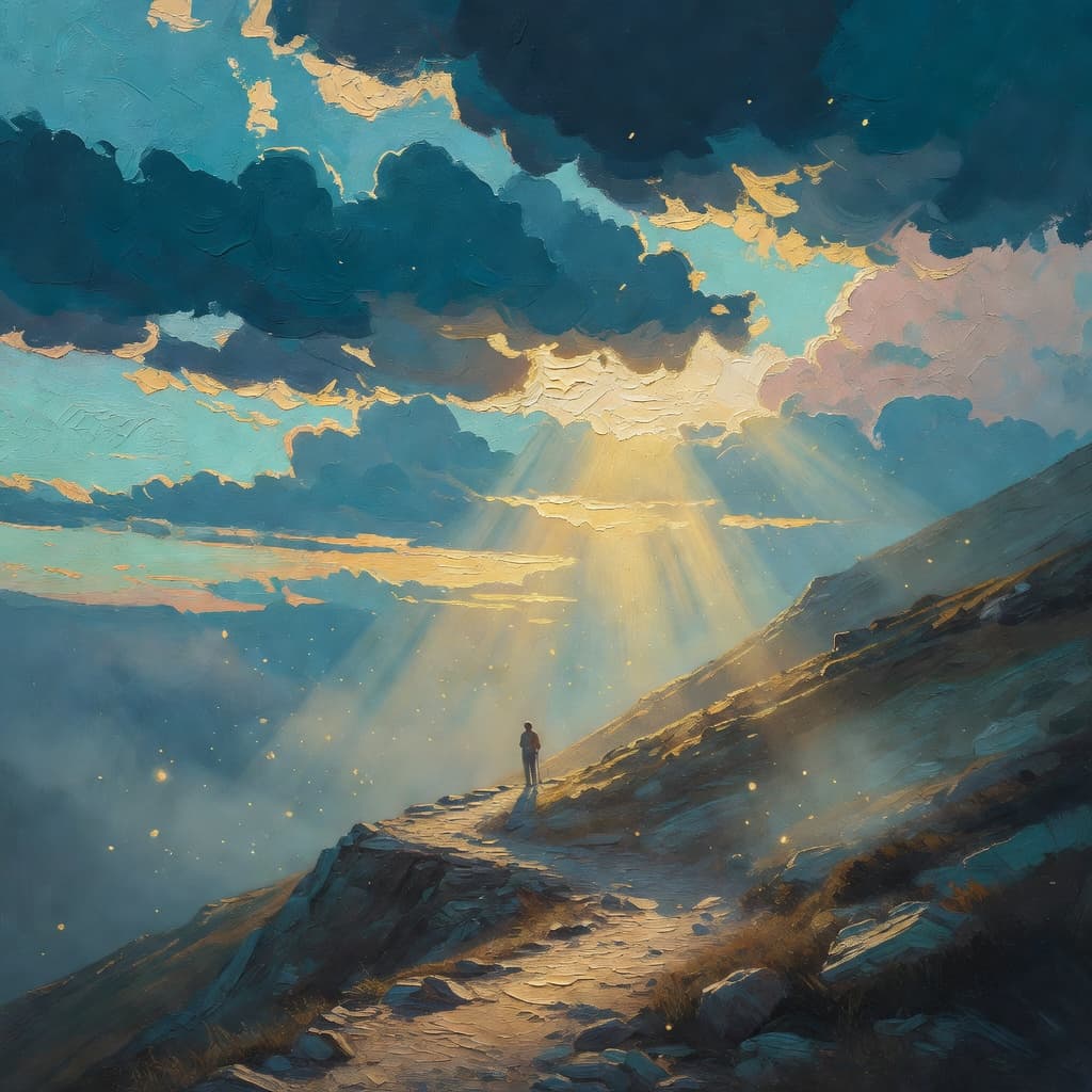 Impressionist oil painting of a difficult climb turning hopeful with golden light and sacred clouds