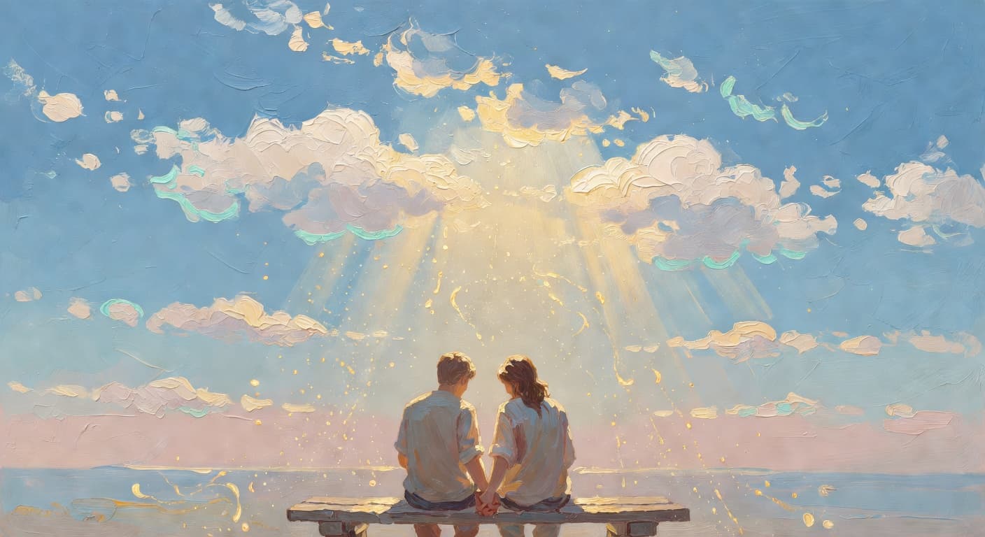 Pintura impressionista a óleo de duas figuras em luz dourada quente com as mãos unidas em oração sob um céu luminoso