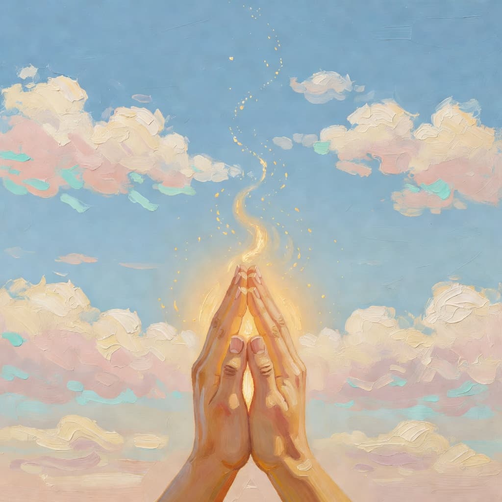Pintura impressionista a óleo de luz dourada quente emanando de mãos em oração, com nuvens suaves em azul horizonte
