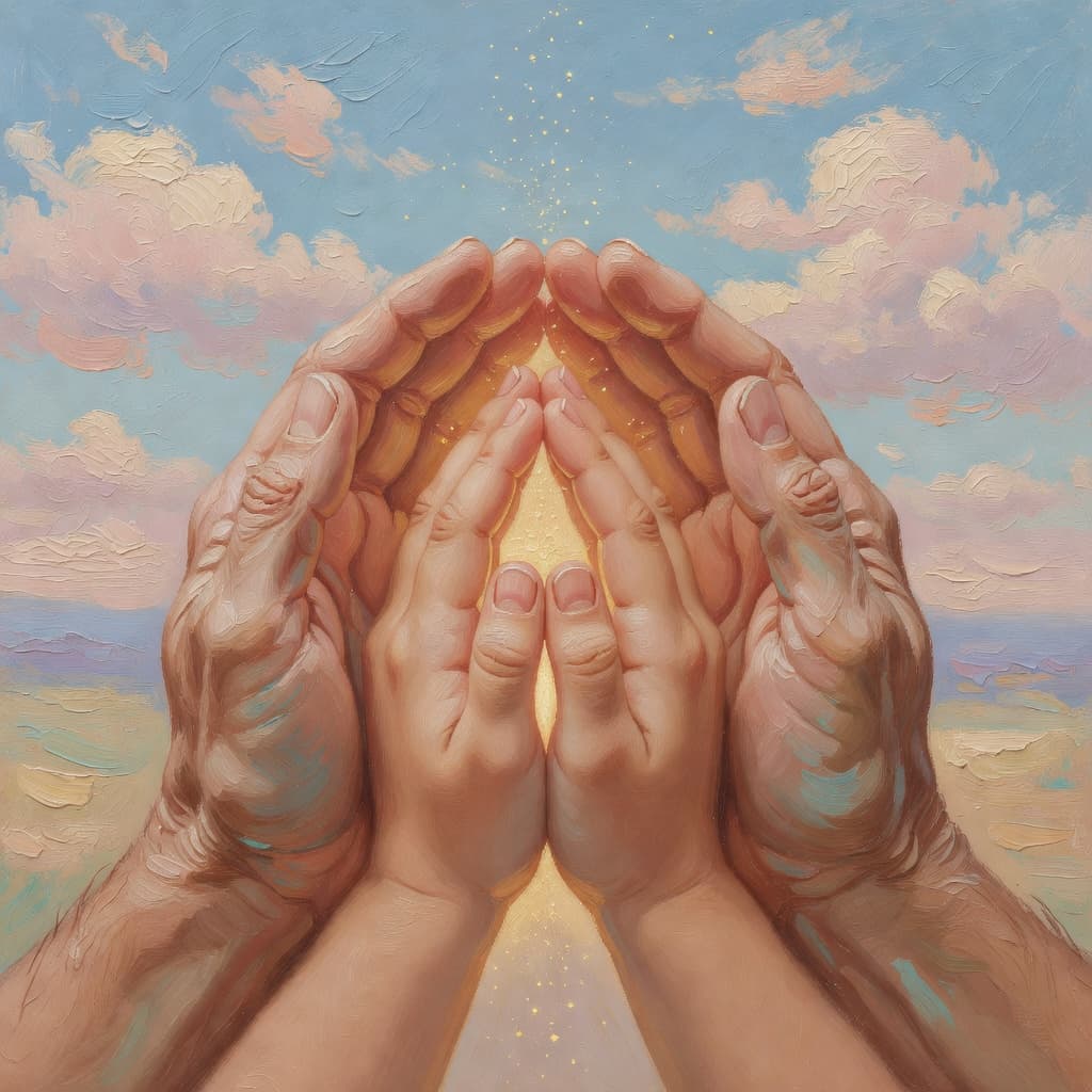 Impressionist oil painting of a warm family scene of prayer with golden light, Sacred palette