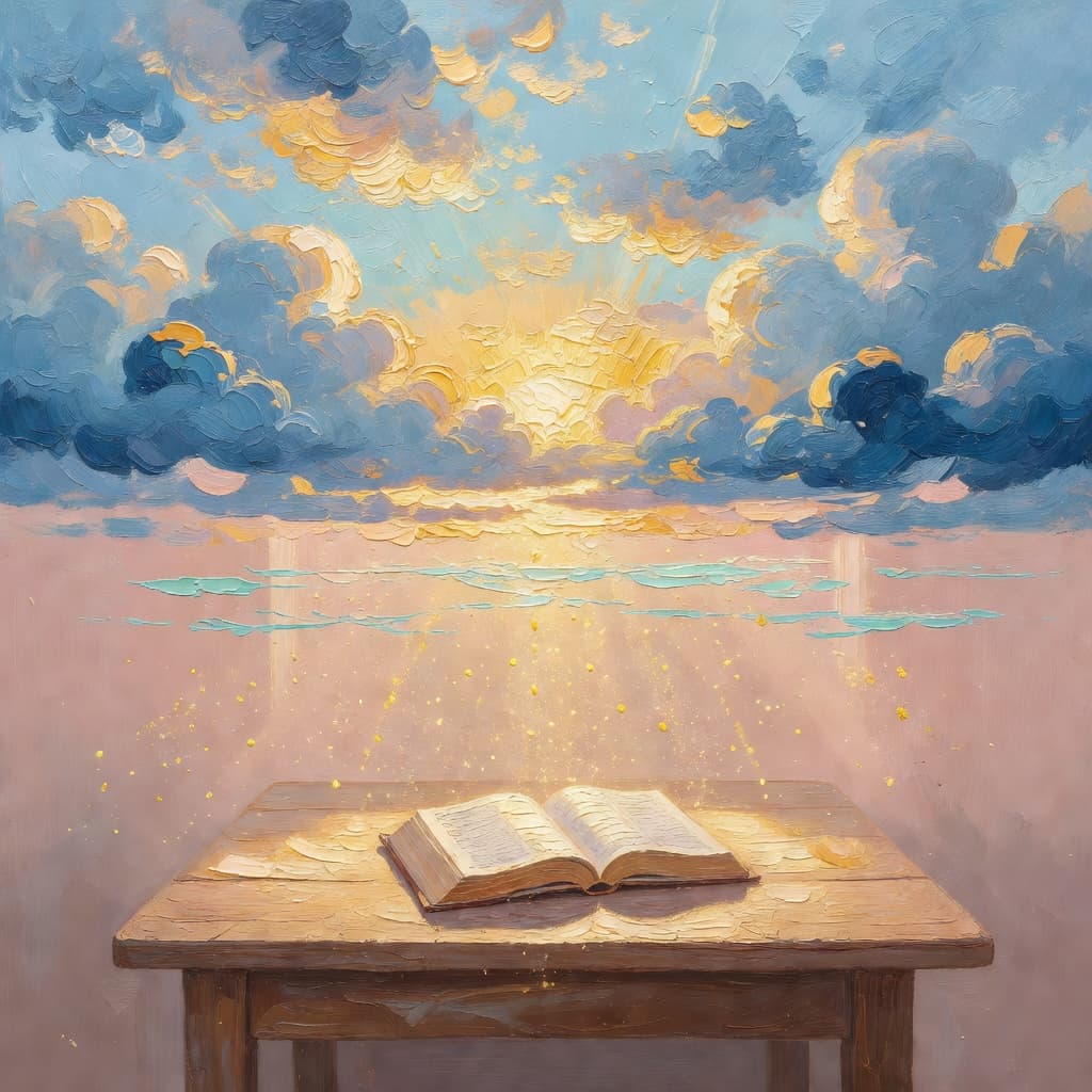 Pintura a óleo impressionista de uma casa comum iluminada pela luz dourada da manhã, uma Bíblia aberta e nuvens sagradas além da janela