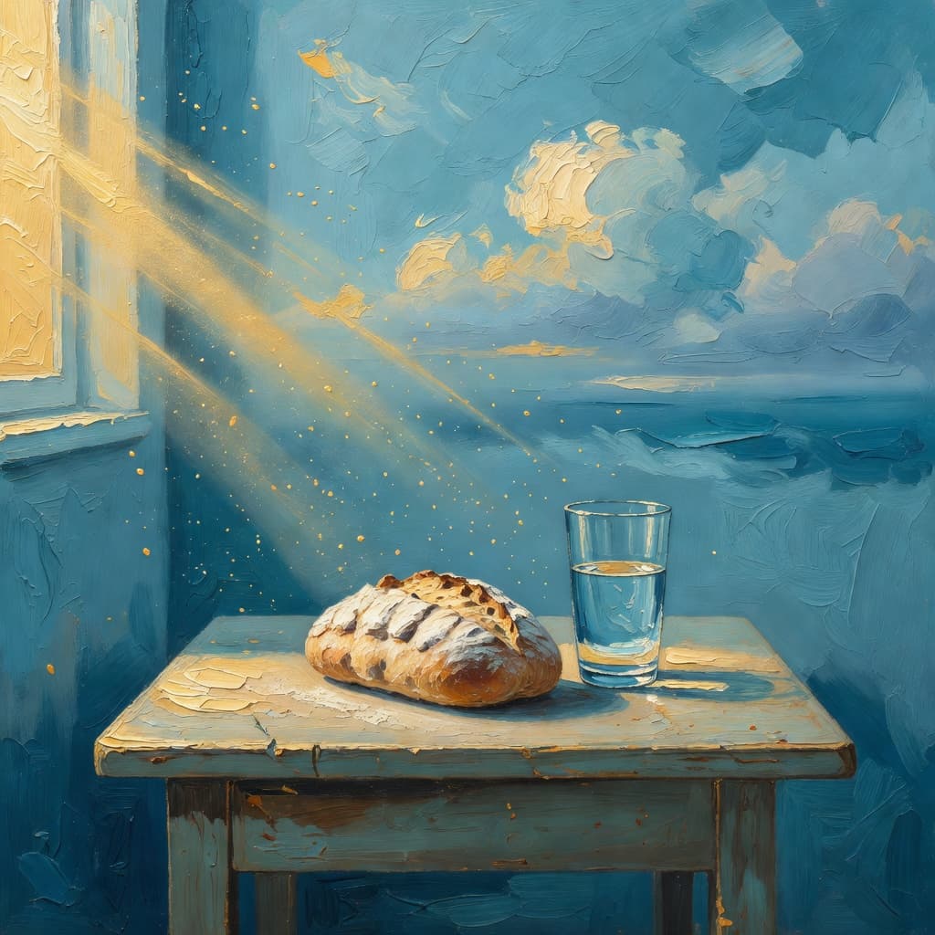 Impressionist oil painting of a serene scene related to lent prayer for fasting, Sacred palette