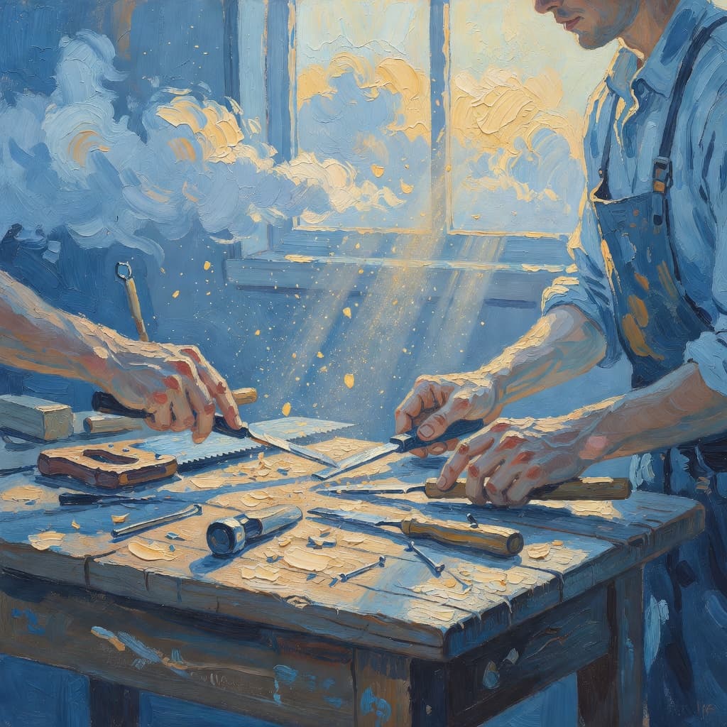 Impressionist oil painting of a serene celestial scene with open Bible and golden light, Sacred palette