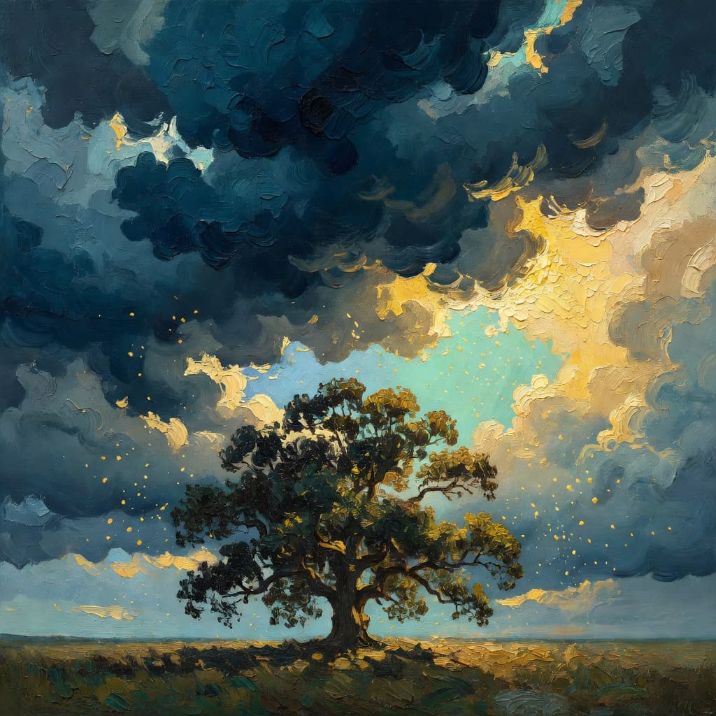 Impressionist oil painting of a serene celestial scene with open Bible and golden light, Sacred palette