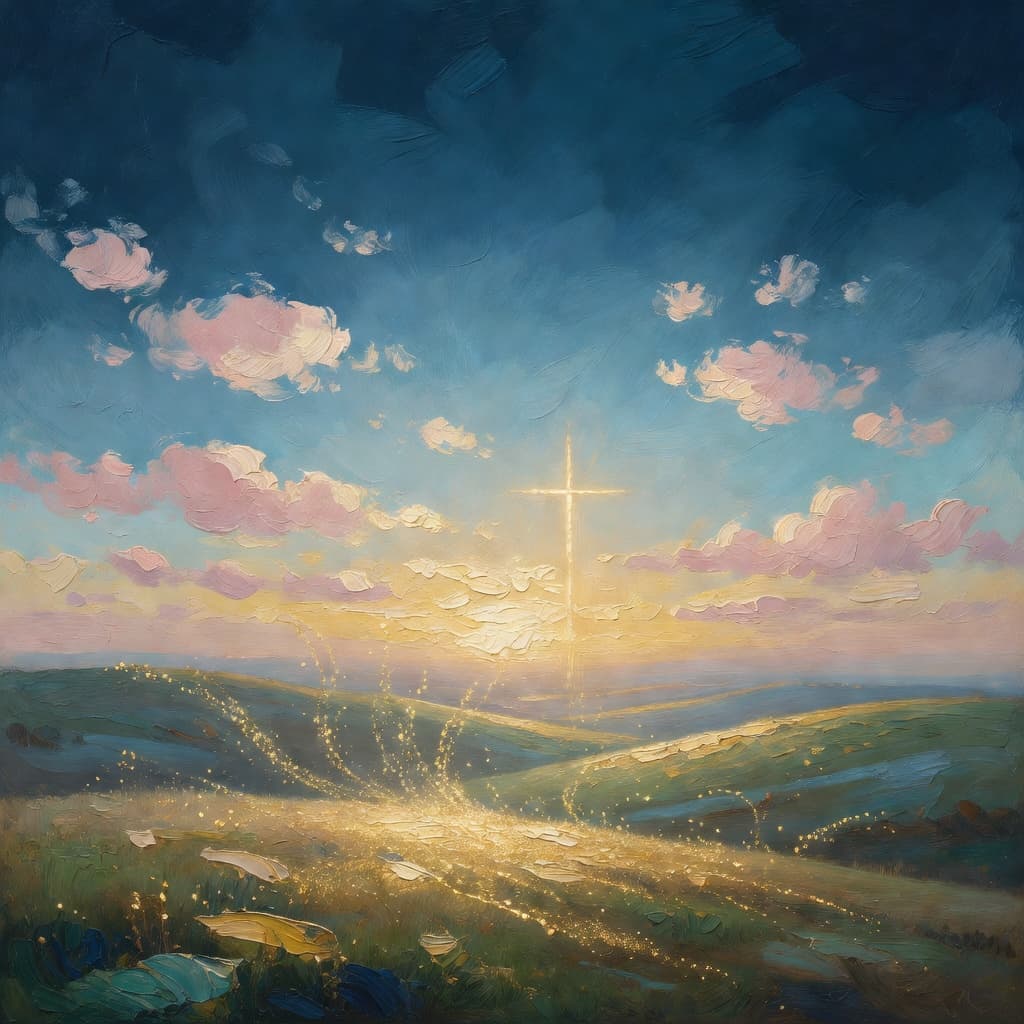Impressionist oil painting of a serene celestial scene with open Bible and golden light, Sacred palette
