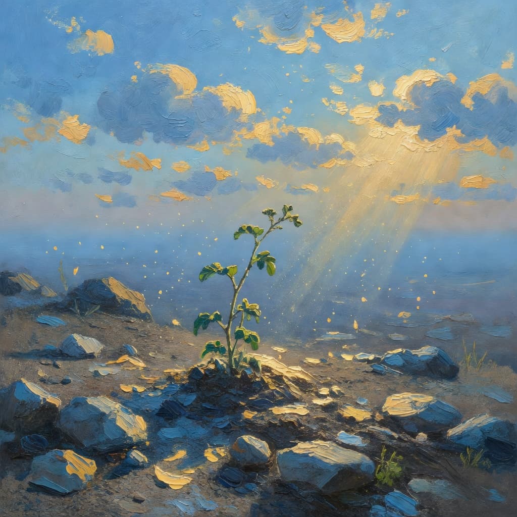 Impressionist oil painting of a serene celestial scene with open Bible and golden light, Sacred palette