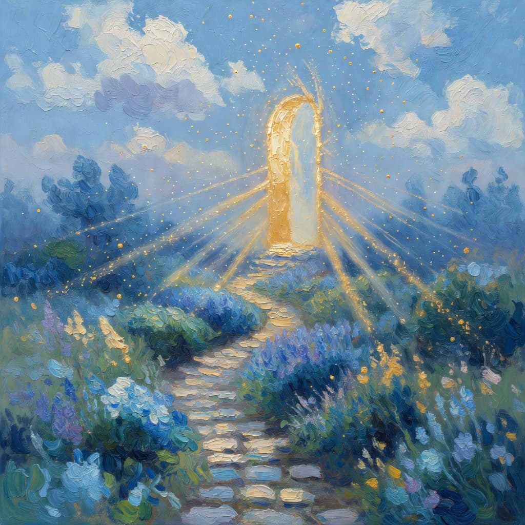 Impressionist oil painting of a serene celestial scene with open Bible and golden light, Sacred palette