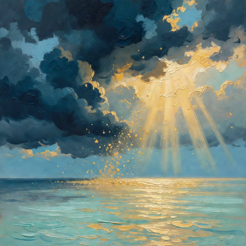 Impressionist oil painting of a serene celestial scene with open Bible and golden light, Sacred palette