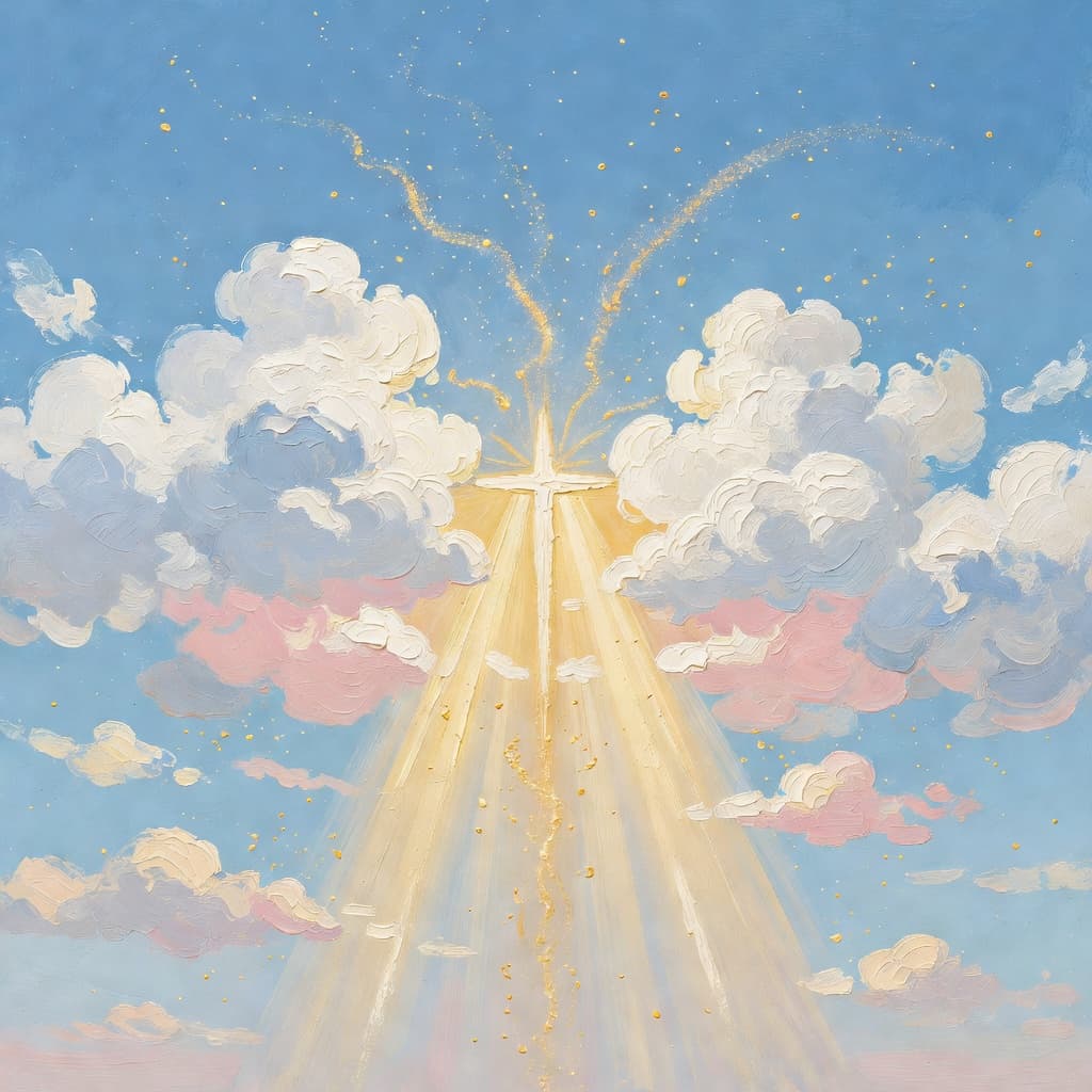 Impressionist oil painting of a serene celestial scene with open Bible and golden light, Sacred palette