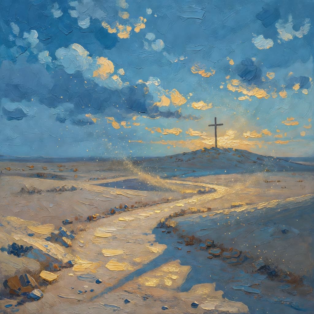 Pintura impressionista a óleo de uma cena serena relacionada com significado da quaresma na biblia, paleta Sacred