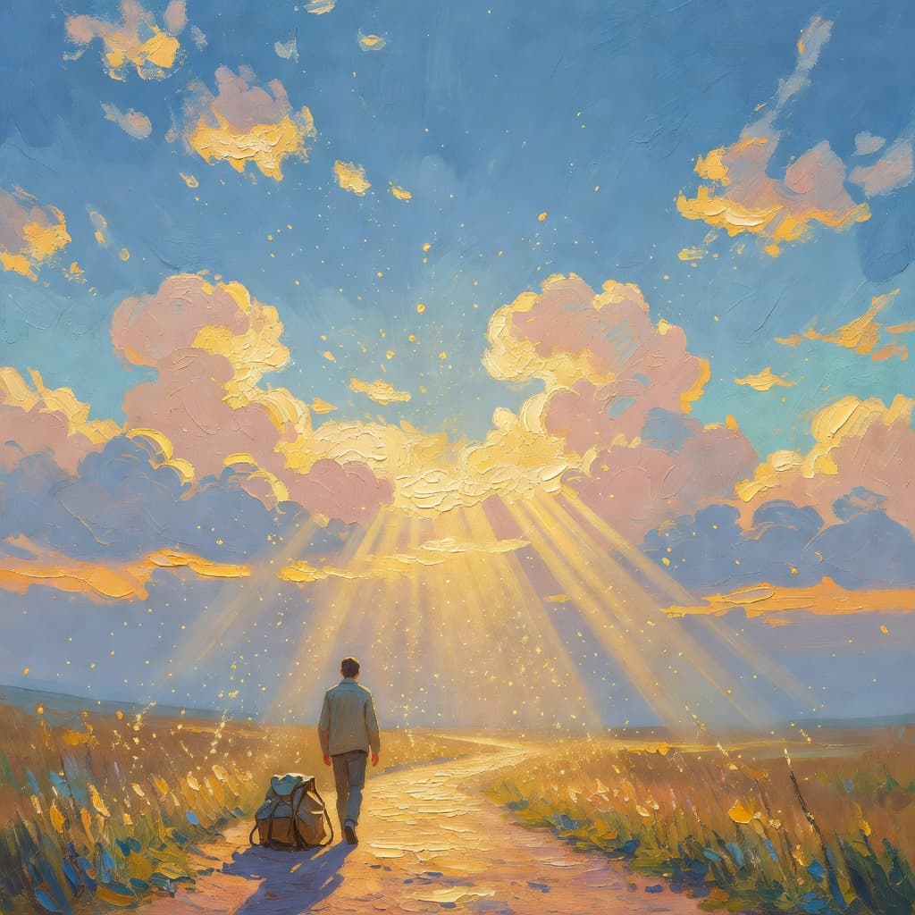 Impressionist oil painting of a serene celestial scene with open Bible and golden light, Sacred palette