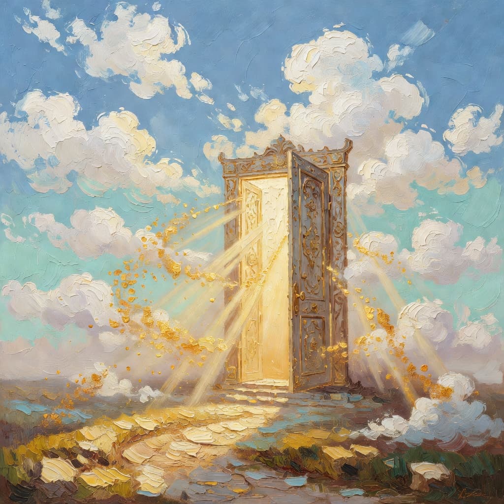 Impressionist oil painting of a serene celestial scene with open Bible and golden light, Sacred palette