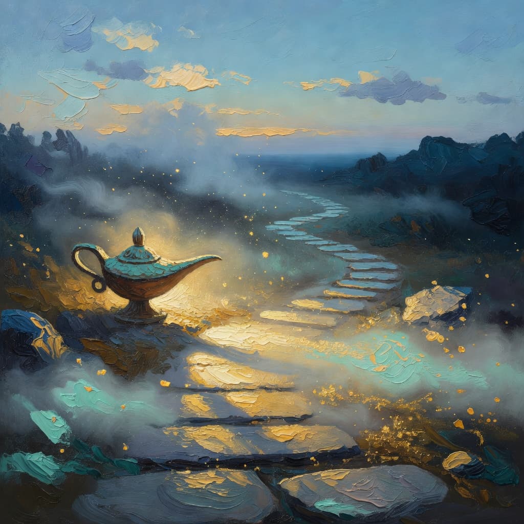 Impressionist oil painting of a serene celestial scene with open Bible and golden light, Sacred palette