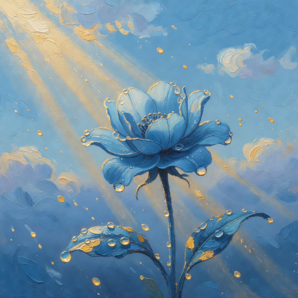 Impressionist oil painting of a serene celestial scene with open Bible and golden light, Sacred palette