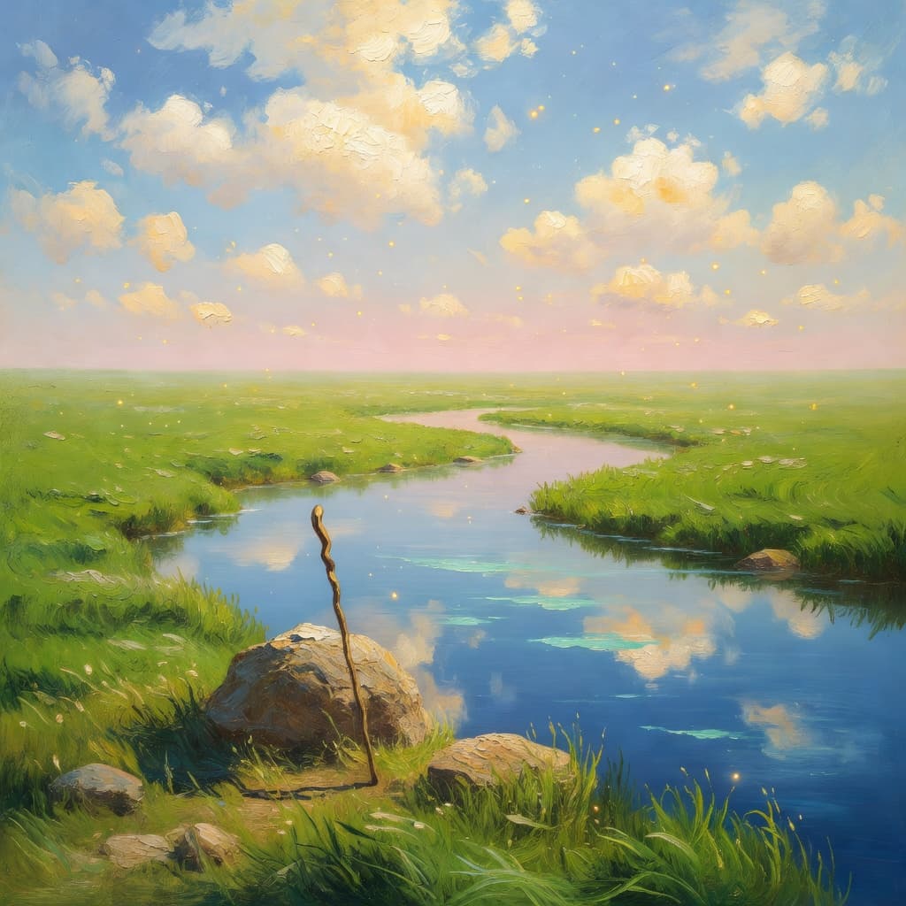 Impressionist oil painting of a serene celestial scene with open Bible and golden light, Sacred palette