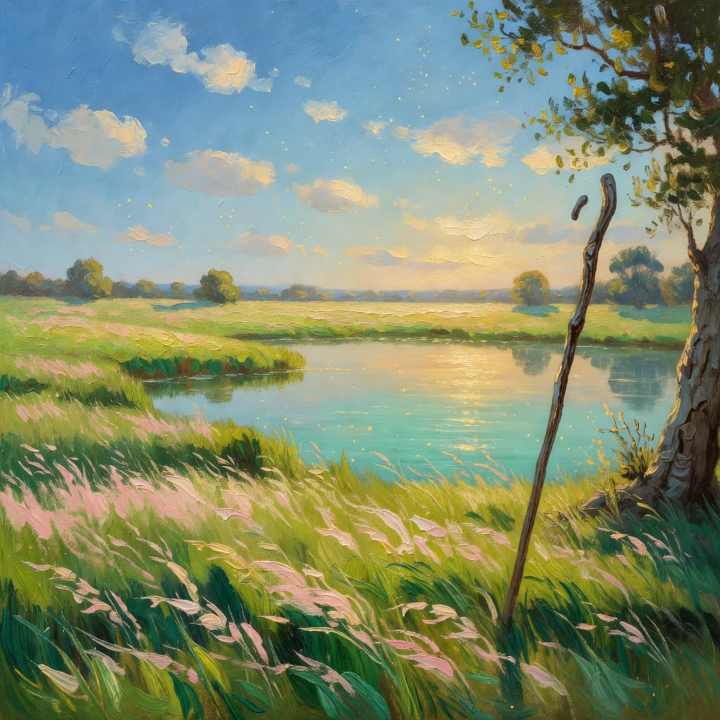 Impressionist oil painting of a serene celestial scene with open Bible and golden light, Sacred palette