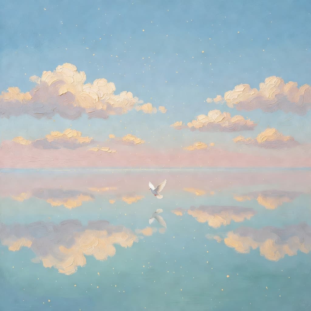 Impressionist oil painting of a serene celestial scene with open Bible and golden light, Sacred palette