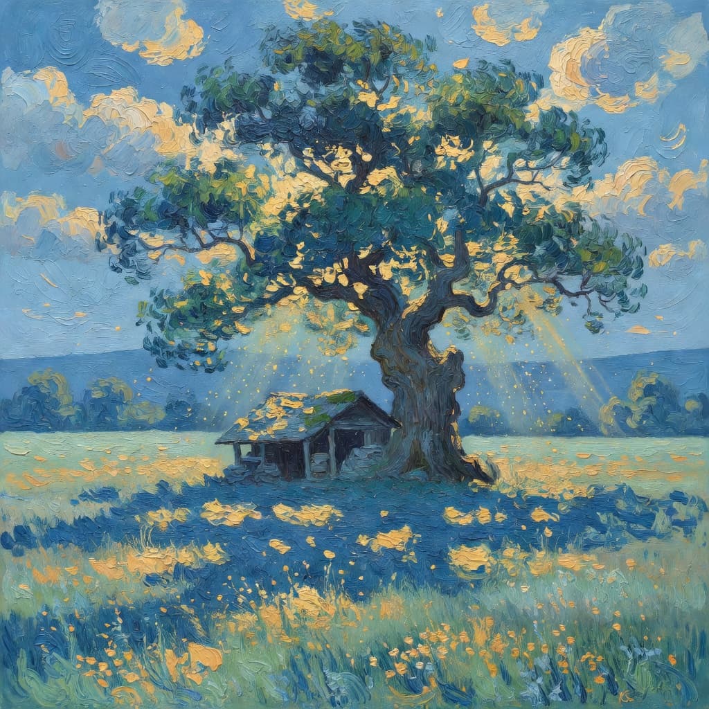 Impressionist oil painting of a serene celestial scene with open Bible and golden light, Sacred palette