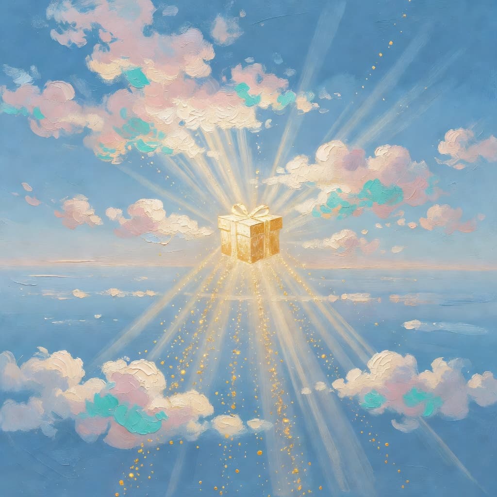 Impressionist oil painting of a serene celestial scene with open Bible and golden light, Sacred palette