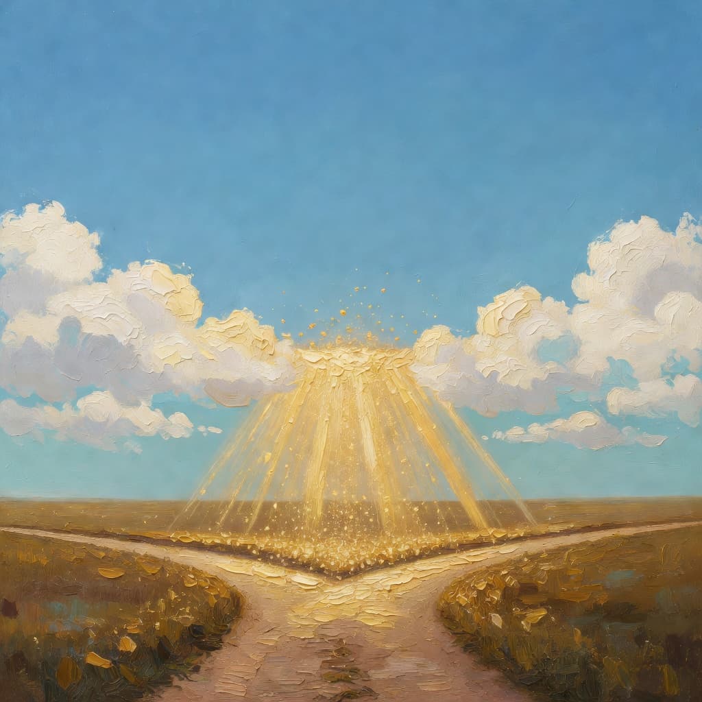 Impressionist oil painting of a path diverging under golden light, Sacred palette