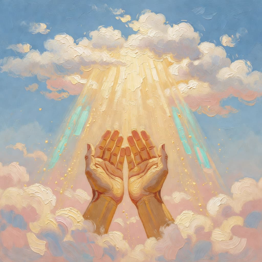 Oil painting of prayer scene, Sacred palette