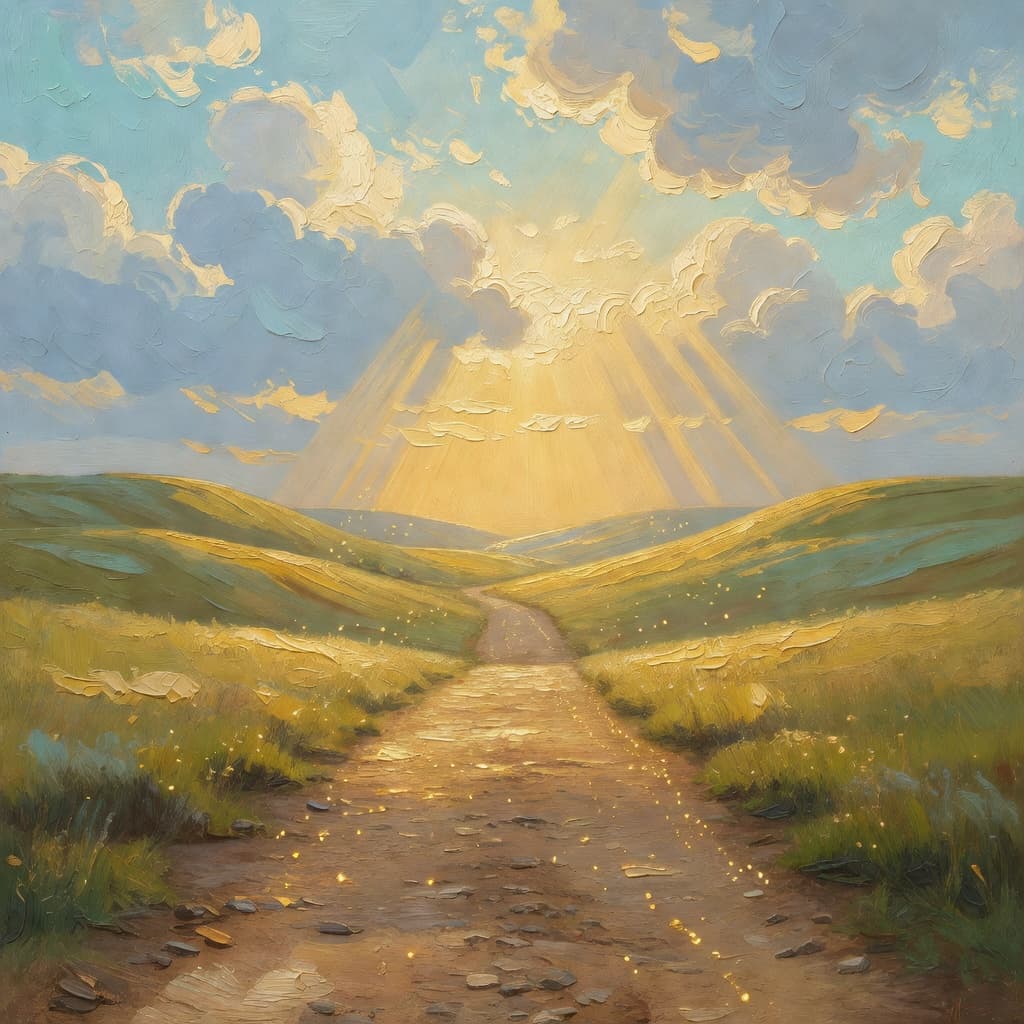 Impressionist oil painting of a serene scene related to antes de trabajar, Sacred palette