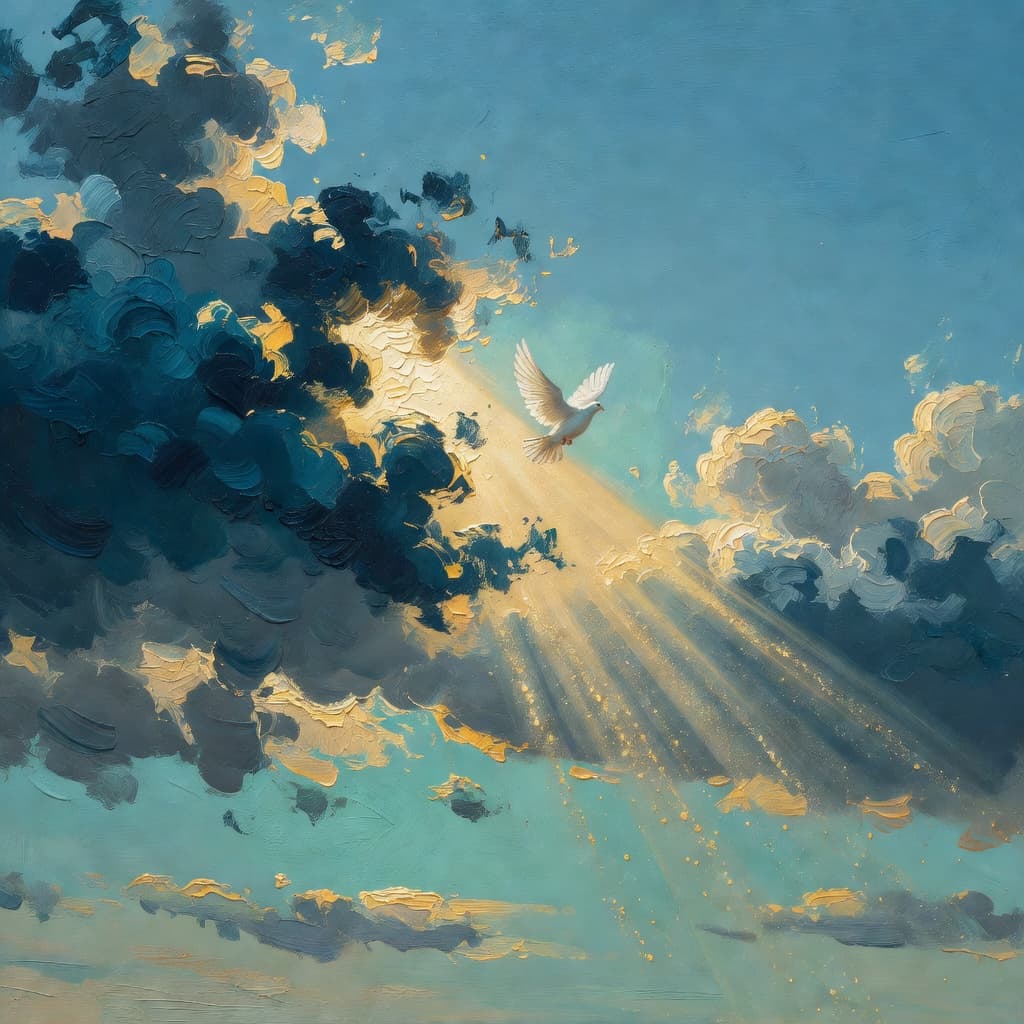 Impressionist oil painting of prayer and divine light in Sacred style