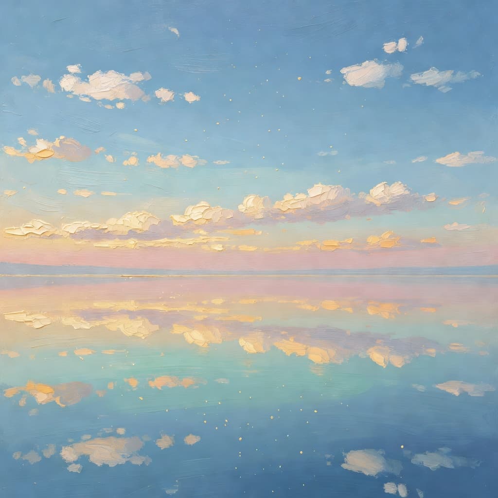 Impressionist oil painting of a calm sea with golden light breaking through clouds