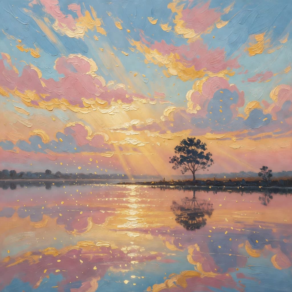 Impressionist oil painting of a serene scene related to el final del día, Sacred palette