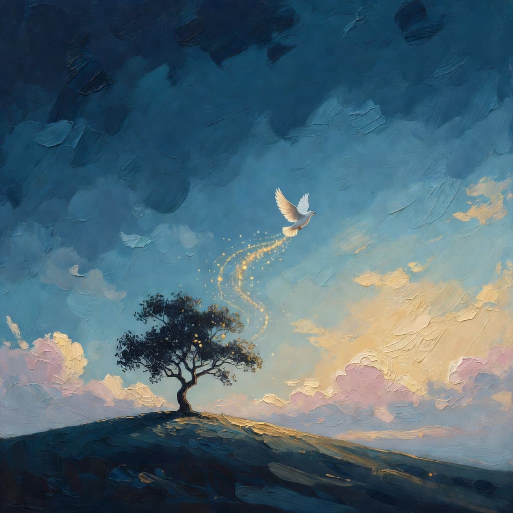 Impressionist oil painting of a serene scene related to a perda de um ente querido, Sacred palette